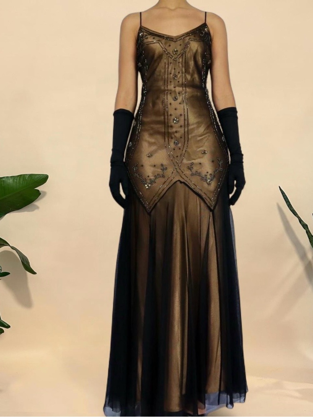 Vintage Dave And Johnny Tan & Black Beaded Flapper Dress